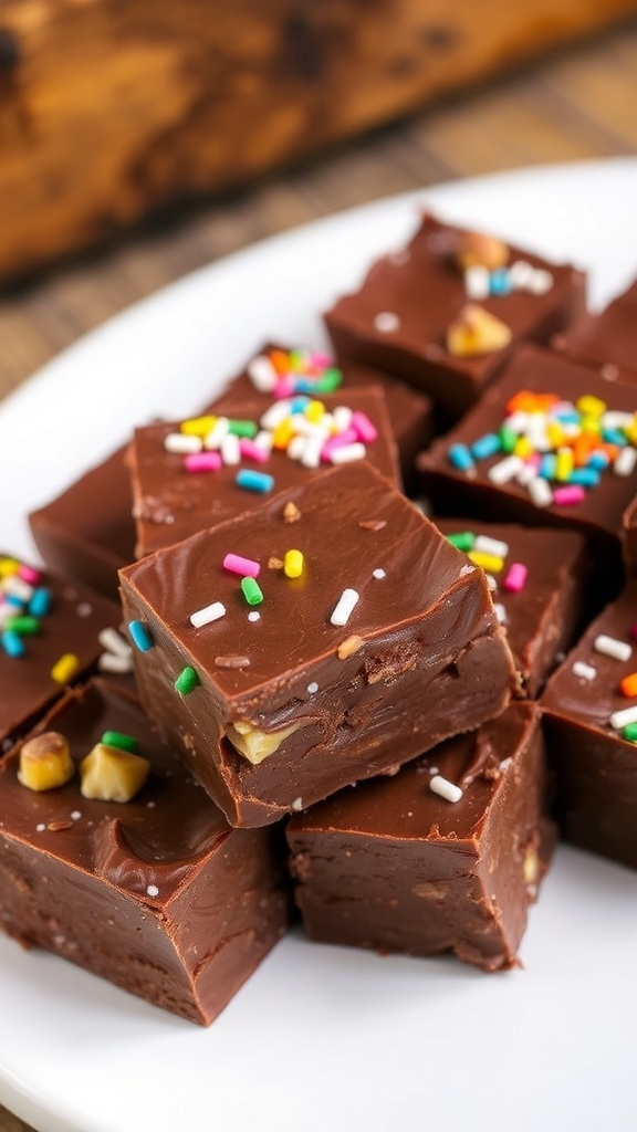 Easy 3-Ingredient Microwave Fudge Recipe Delicious chocolate fudge squares topped with sprinkles and nuts on a white plate.